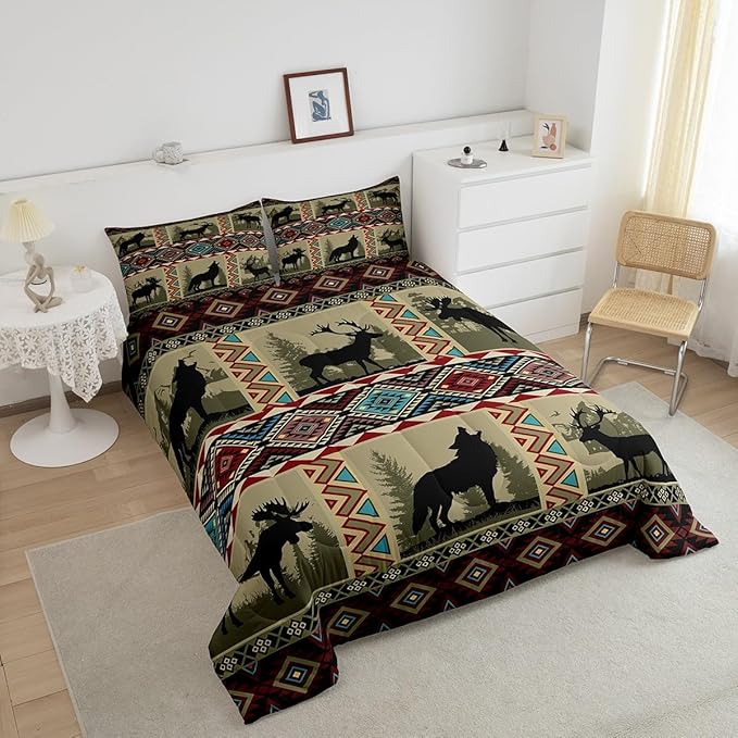Western Bedding Sets King for Boys,Wolf Comforter Set Moose Elk Deer Quilt Exotic Tribal Southwestern Native Geometric Aztec Duvet Insert,Vintage Woodland Wild Animal Room Decor