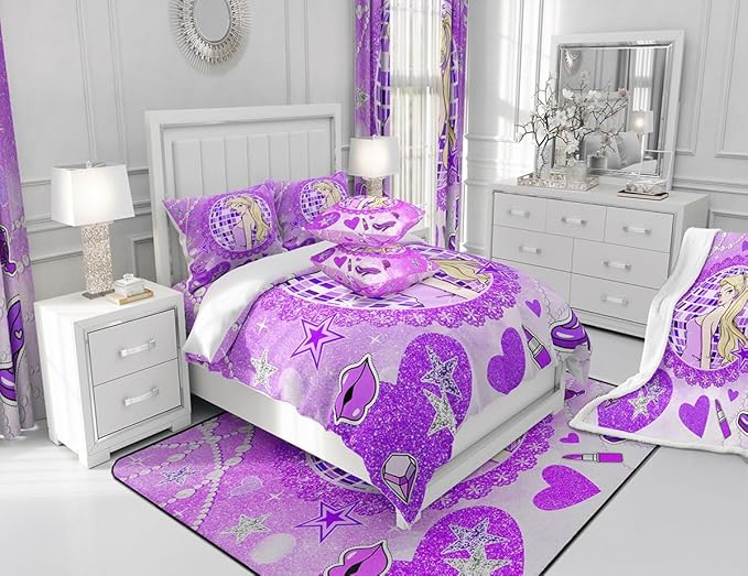 Girly Princess Kids Comforter Set Twin Size,High-heeled Shoes Lip Bowknot Romantic Bedding Set,Girls Women Room Decor,Glitter Sequin Diamond Down Comforter,Purple Dreamy Duvet Insert,1 Pillowcase