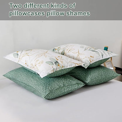 WONGS BEDDING Botanical Comforter Set Full, 7 Pieces Floral Reversible Bed in a Bag Green Leaves Bedding Set Soft Microfiber Full (1 Comforter,2 Pillowcase,2 Pillow Shams,1 Flat Sheet,1 Fitted Sheet)