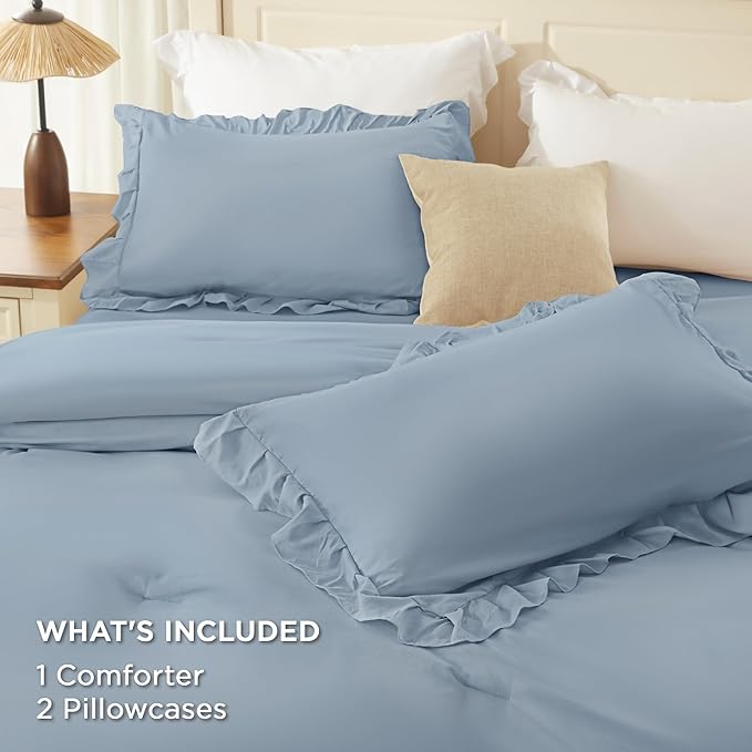 Andency Grayish Blue Queen Comforter Set, 3 Pieces Farmhouse Shabby Chic Ruffle Bedding Comforter Sets, All Season Lightweight Fluffy Soft Microfiber Bed Set for Boys, Men, Adults (90x90Inch)