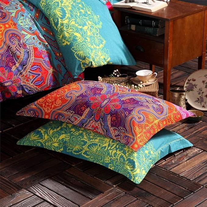 Queen Size Boho Comforter Set - 3 Pieces Lightweight Exotic Yellow Orange Mandala Colorful Retro Boho Comforter and 2 Pillowcases for All Seasons