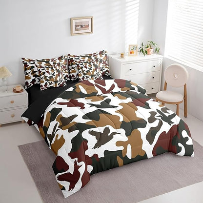 Erosebridal Hunter 7 Pcs Comforter Set Full Size Camo Duck Bedding for Kids Camouflage Farmhouse Camping Sheet Set Bed in A Bag Vintage Army Green Yellow Room Decor Wild Animal Rustic Bed Set