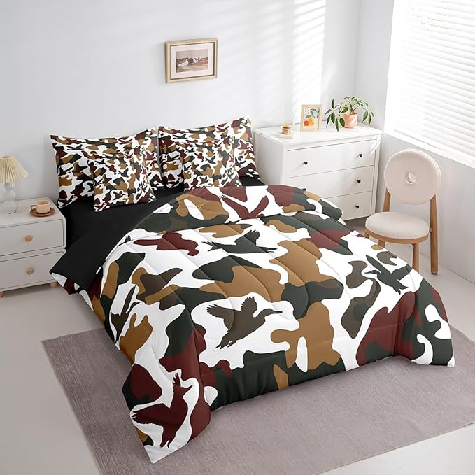 Erosebridal Hunter 7 Pcs Comforter Set Twin Size Camo Duck Bedding for Kids Camouflage Farmhouse Camping Sheet Set Bed in A Bag Vintage Army Green Yellow Room Decor Wild Animal Rustic Bed Set