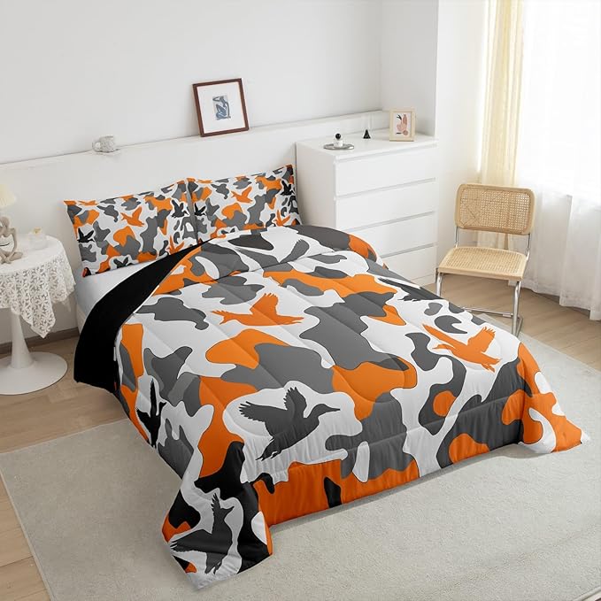 Erosebridal Duck Hunting Duvet Insert Toddler Size Camo Bedding for Kids Army Camouflage Hunting Bedding Comforter Sets Vintage Yellow Grey Room Decor Wild Animal Duck Rustic Comforter Set