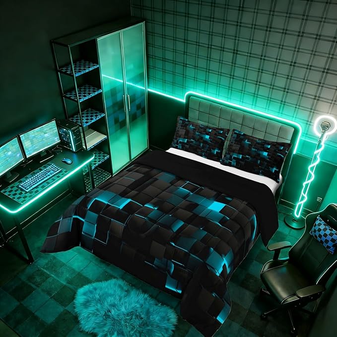 Erosebridal Black Teal Comforter Set Twin Neon Turquoise Geometric Checkered Bedding Set for Boys Gaming Room Decor,Teen Men Abstract Stereoscopic Grids Quilt Square Plaid Bed Set 2 Pcs