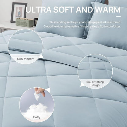Love's cabin California King Comforter Set Light Blue, 7 Pieces California King Bed in a Bag, All Season Bedding Sets with 1 Comforter, 1 Flat Sheet, 1 Fitted Sheet, 2 Pillowcase and 2 Pillow Sham