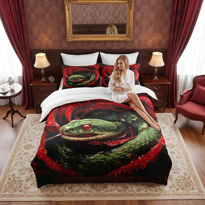 Green Snake Comforter Set Queen Size, Red Rose Microfiber Bedding Set for Gothic Bedroom Decor, 90"x90"