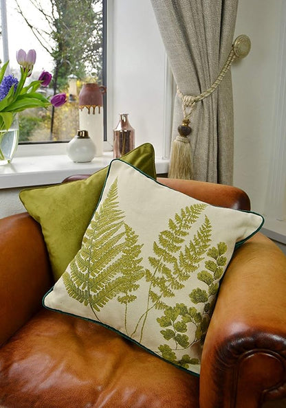 McAlister Textiles Decorative Tapestry Throw Pillow Cover Scatter Cushion with Fern Tapestry Design & Green Velvet Backing for Lounge, Bedroom & Garden.