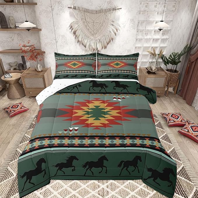 Feelyou Rustic Western Bedding Set King Size Kids Pink Southwestern Aztec Comforter for Boys Girls Teens Western Horse Animals Comforter Set Soft Microfiber Boho Geometric Room Decor