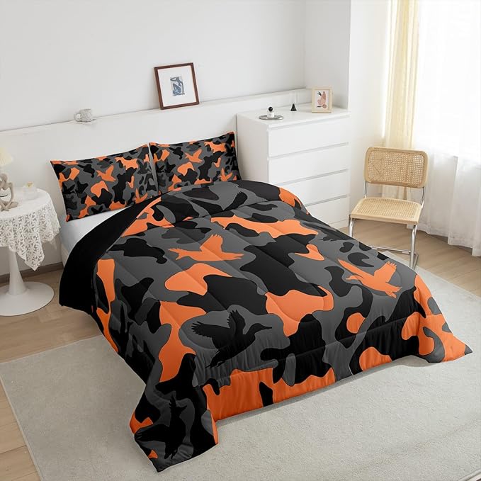 Erosebridal Hunting Duvet Insert Queen Size Camouflage Bedding for Kids Army Wild Duck Bedding Comforter Sets Vintage Orange Grey Mallard Duck Bedroom Decor Wild Animal Duck Rustic Comforter Set