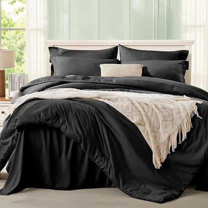 Anluoer Black Queen Comforter Set 7 Pieces, Bed in a Bag with Sheets, All Season Bedding Sets with 1 Comforter, 2 Pillow Shams, 2 Pillowcases, 1 Flat Sheet, 1 Fitted Sheet
