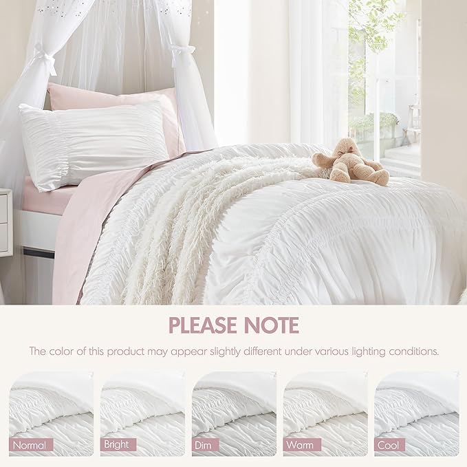Intelligent Design Twin Comforter Set Ruched Shabby Chic Comforters for Twin Size Bed, All Season Lightweight Comforter Twin, French Country Bedding Set, Sham, Ella, Twin/Twin XL, White, 2 Piece