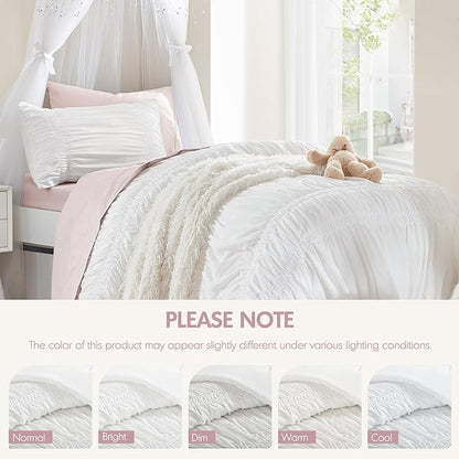 Intelligent Design Twin Comforter Set Ruched Shabby Chic Comforters for Twin Size Bed, All Season Lightweight Comforter Twin, French Country Bedding Set, Sham, Ella, Twin/Twin XL, White, 2 Piece
