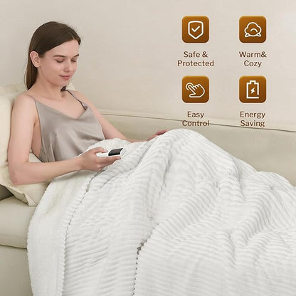 Reaks Electric Heated Blanket Twin, Silky Soft Flannel & Sherpa Twin Electric Blanket with 9 Heat Levels & 2-10 Hours Auto Off, Warm Gifts for Women Mom Grandma, ETL Certified (62x84 inches, White)
