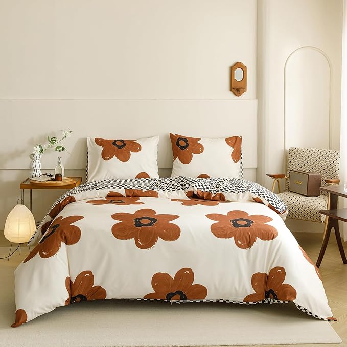 Cottonight Pumpkin Sunflower Comforter Set Brown King Women Girls Beige and Brown Floral Bedding Comforter Set Botanical Flowers Blanket Quilts Soft Breathable Cute Comforter