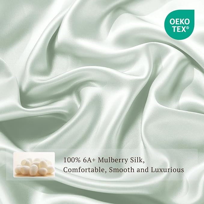 THXSILK 6A+ Top Grade 100% Pure Mulberry Silk Queen Fitted Sheet 3Pcs Set Bed Sheets Luxury Bedding for Hair and Skin Breathable Cooling Safe Material, 1 Fitted Sheet with 2 Pillowcases, Light Blue