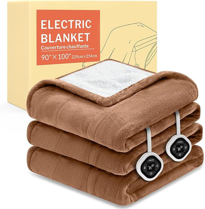 HOMLYNS LuxeHeat Heated Blanket Electric Blanket King Size, Soft Flannel Sherpa Heating Blanket with 10 Heat Settings, 1-10 hrs Timer Auto Shut Off (90x100 inches, Coffee)