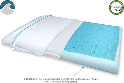 Bluewave Bedding Super Slim Max Cool CarbonBlue Gel Memory Foam Pillow for Stomach and Back Sleepers - Thin, Flat Design with Advanced Cooling (3.25-Inch Height, Standard Size)