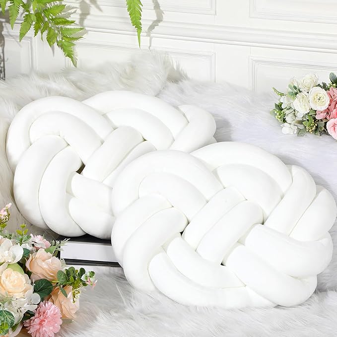 Sintuff Set of 2 Velvet Knot Pillow Ball 14 x 16 Inch Soft Decorative Knotted Throw Pillow for Christmas Thanksgiving Couch Home Sofa Bedroom Decor to Add Comfort and Style(White)