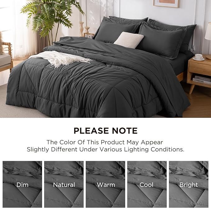 7 Pieces King Comforter Set - Utral Soft Microfiber Bedding Set, Thick Duvet Insert Bed in a Bag Without Rustling Noise for All Season, Dark Grey (102"x90")