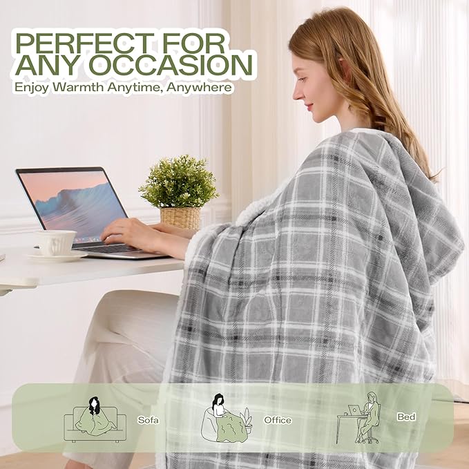 Electric Blanket Heated Throw, 50" x 60" Heated Blanket with 8 Heat Levels & 8 Hours Auto Off, Fast Heating Blankets with ETL & FCC Certification, Grey Plaid