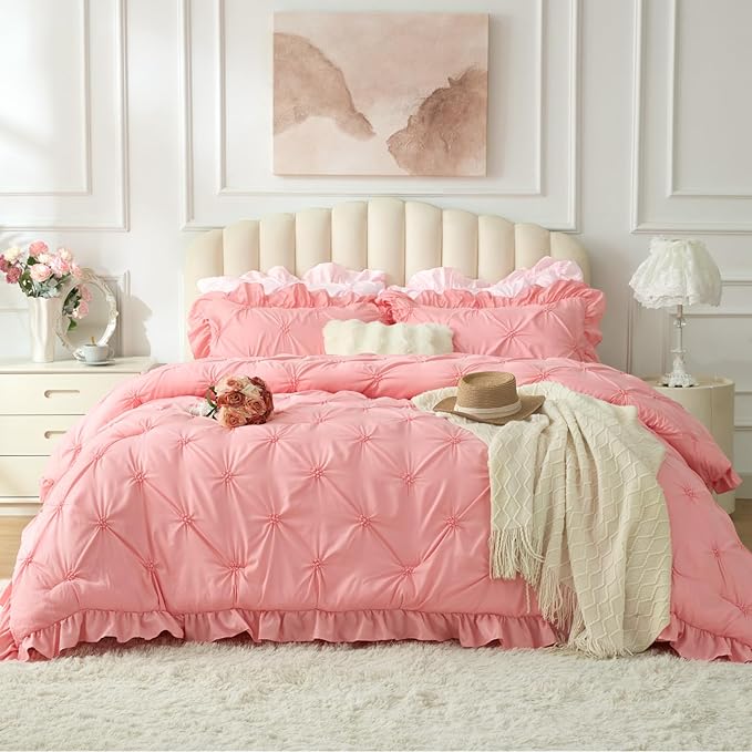 BEDELITE Pink Twin Comforter Set - 2 Peices Boho Ruffle Pintuck Bedding Comforter Sets, Lightweight Soft & Warm Twin Bedding Sets with 1 Pillowcase for All Season