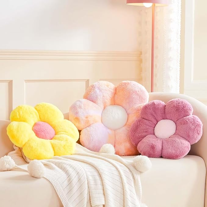 Flower Pillow Cute Decorative Throw Pillow with Faux Rabbit Fur Soft Daisy Plush Floor Cushion Aesthetic Flower Shaped Pillow Home Decor for Bed Sofa Couch (Yellow 19.6 Inch)