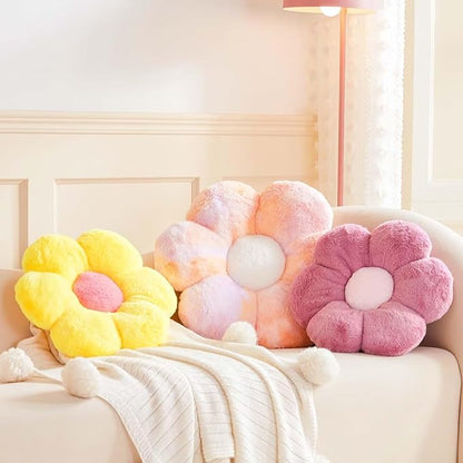 Flower Pillow Cute Decorative Throw Pillow with Faux Rabbit Fur Soft Daisy Plush Floor Cushion Aesthetic Flower Shaped Pillow Home Decor for Bed Sofa Couch (Yellow 19.6 Inch)