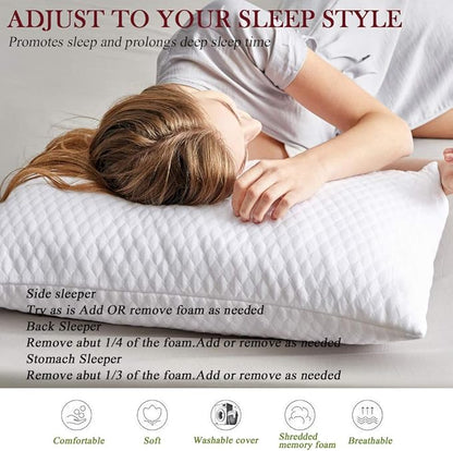 NTCOCO Shredded Memory Foam Bed Pillows for Sleeping Queen Size Set of 2,with Washable Removable Hypoallergenic Sleep Pillow for Back and Side Sleeper