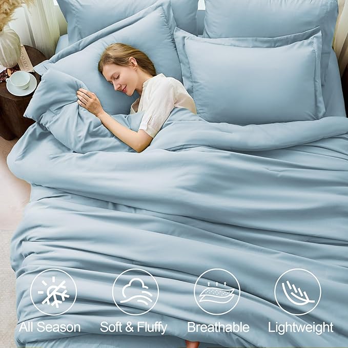 FUANNA Queen Comforter Set Light Blue, 7 Pieces Soft Bedding Sets Queen Size, All Season Lightweight Bed in a Bag with Comforter, Flat Sheet, Fitted Sheet, Pillowcases & Shams