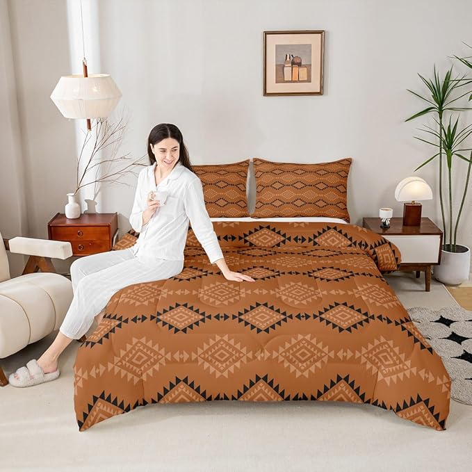 Erosebridal Queen Rustic Western Comforter Set for Boys, Southwestern Aztec Bedding Set for Teens Men Bedroom, Exotic American Native Bedding Comforter Sets Vintage Bohemian Geometric Quilt, Brown