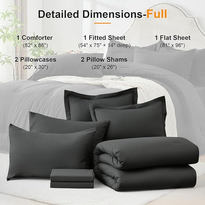 Full Comforter Set 7 Pieces - Ultra-Soft Bed in a Bag Full Size, Cozy Luxury All Season Bedding Sets with Comforter, Flat Sheet, Fitted Sheet, 2 Pillow Shams & 2 Pillowcases, Dark Gray