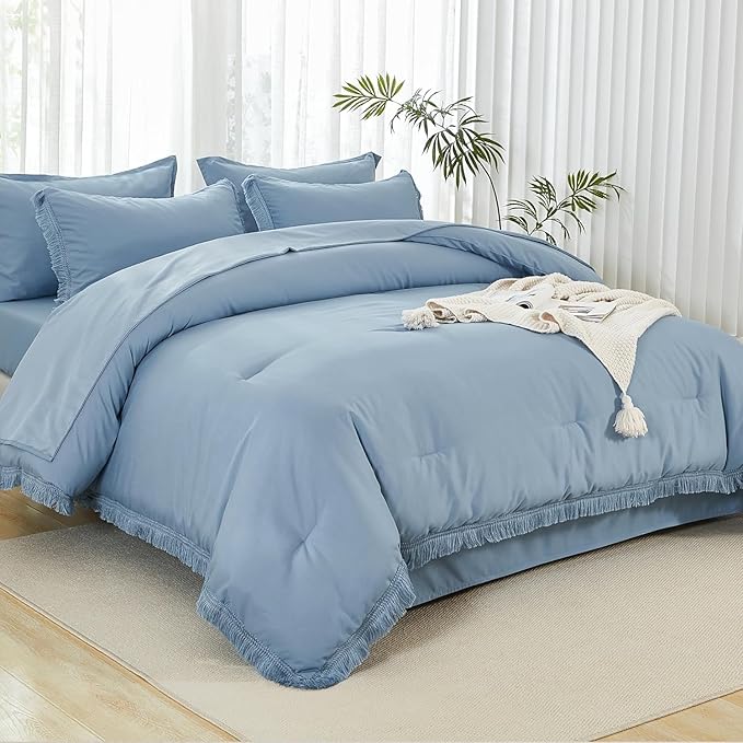 Andency Oversized King Comforter Set Grayish Blue 120x98-7 Pieces Boho Tassel Bed in a Bag Soft Lightweight Bedding Sets, Fringe All Season Bed Set with Comforter, Sheets, Pillowcases & Shams