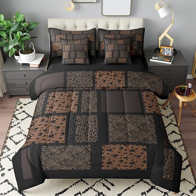 Wildlife Fur Splicing Print Bedding Set 7 Pieces King,Leopard Cheetah Zebra Cattle Comforter Sets for Girl Boy Bedroom,Animals Skin 7pcs Bed in a Bag with Comforter,Sheets and Pillow Cases