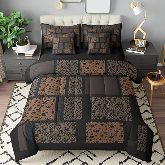 Wildlife Fur Splicing Print Bedding Set 7 Pieces King,Leopard Cheetah Zebra Cattle Comforter Sets for Girl Boy Bedroom,Animals Skin 7pcs Bed in a Bag with Comforter,Sheets and Pillow Cases