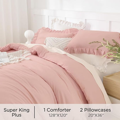 Andency Oversized King Comforter Set 128x120, 3 Pieces Blush Ruffle Shabby Chic Famhouse Bedding Set for Women, Lightweight Fluffy Super King Plus Bed Set for Girls