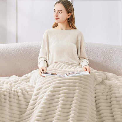 BEDELITE Fleece Throw Blanket for Couch - 300GSM Soft & Warm Fluffy Beige Blanket, Decorative and Giftable Striped Blankets for Women, Men, 50"x70"