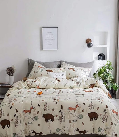 Houseri Beige Bear Comforter Set Twin Size 3 Pieces Toddler Girls Boys Woodland Theme Cartoon Bedding Sets Ultra Comfy Fox Rabbit Forest Animal Print Breathable Soft Bed Quilt Blanket Twin Kids Gift