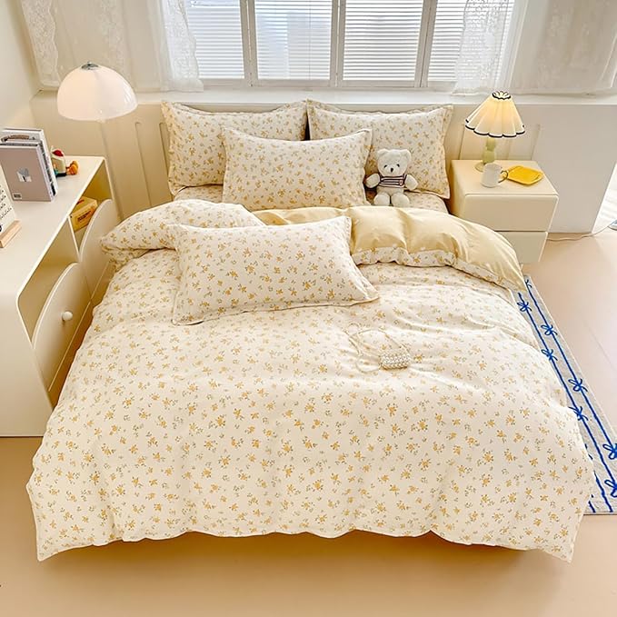 Yellow Twin Comforter Set - Orange Floral Quilt Bedding Set 2 Pieces, Comforter Set Twin Size, Soft & Lightweight Comforter(68‘’ x 90‘’) for Girl All Season & 1 Pillowcase(30‘’x20‘’)