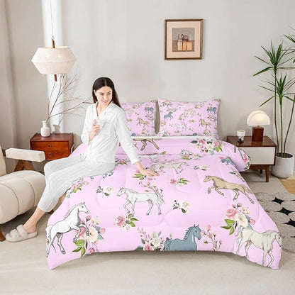 Erosebridal Horse Comforter Set Twin Rose Bedding Set for Girls Boys Kids Teens Western Cowboy Cowgirls Wild Animal Floral Down Comforter Cute Horses Flower Duvet Insert Lightweight, Pink