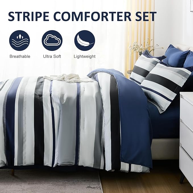 WONGS BEDDING Comforter Full Size, Navy Blue Bedding Comforter Set for Full Bed, Striped Bed in a Bag Full Size Comforter Sets for All Season 90"×78"