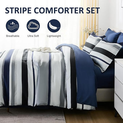 WONGS BEDDING Comforter Full Size, Navy Blue Bedding Comforter Set for Full Bed, Striped Bed in a Bag Full Size Comforter Sets for All Season 90"×78"