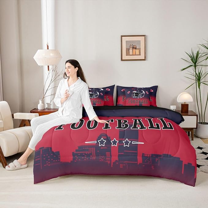 Erosebridal Kids Football Comforter Set with Sheets American Soccer Competitive Sports 7 Piece Bedding Set King for Boys Girls Teen,Rugby Sports Games Bed in A Bag Ball City Bed Set