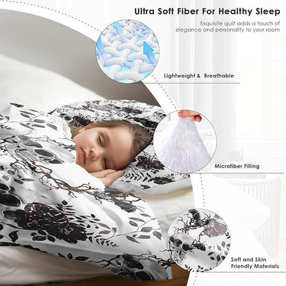 Comforter Set Full Size, Vintage Sugar Soft 3 Pcs Bedding for Kids and Adults, Flower Dead Tree Comforter Set with Pillowcase, for Bedroom Bed Decor