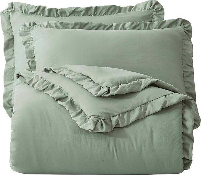 Chezmoi Collection Nora Sage Green Comforter Set Oversized Queen 3-Piece Lightweight Soft Stone-Washed Ruffled Shabby Chic Bedding for All Season