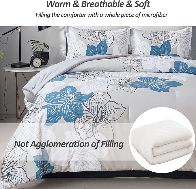 Menghomeus Floral Comforter Set Queen 3 Piece Blue Floral Pattern Printed on Grey Soft Microfiber Bedding Set Lightweight Bed Comforter Set for All Season (1 Comforter, 2 Pillowcases)