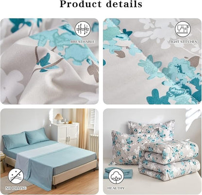 Flysheep Gray Botanical Bed in a Bag Twin Size 6 Pieces, Aqua Grey Leaves Elegant Floral Comforter Bedding Set All Season(1 Comforter, 1 Flat Sheet, 1 Fitted Sheet, 2 Pillow Shams and 1 Pillowcase)