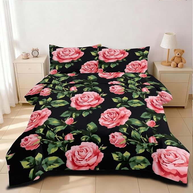 Rose Comforter Set Queen 3 Pieces Pink Rose Floral Bedding Set Black Romantic Soft Microfiber Down Alternative Comforter with 2 Pillowcases