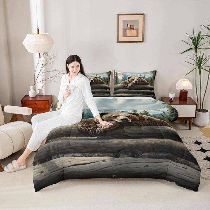 Erosebridal Nature Forest Bear Comforter Set Queen Size Wild Animals Forest Bedding Set for Child Boys Girls | Rustic Cabin Woodland Brown Bear Comforter Mountain Hunting Wildlife Duvet Insert