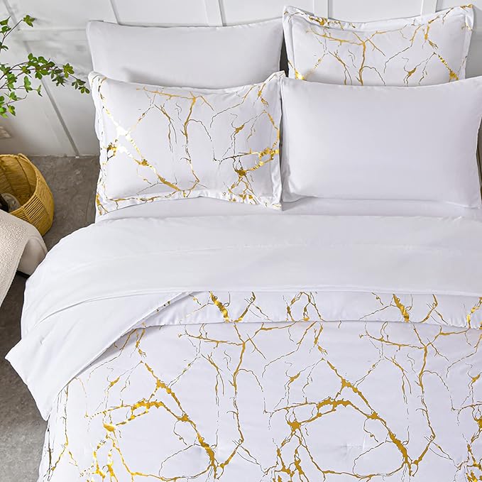 Yogeneg Gold Metallic Marble King Size Comforter Set,7 Piece Bed in a Bag,Foil Print Glitter White Comforter and Sheet Set,All Season Soft Microfiber Complete Bedding Sets(White,King)